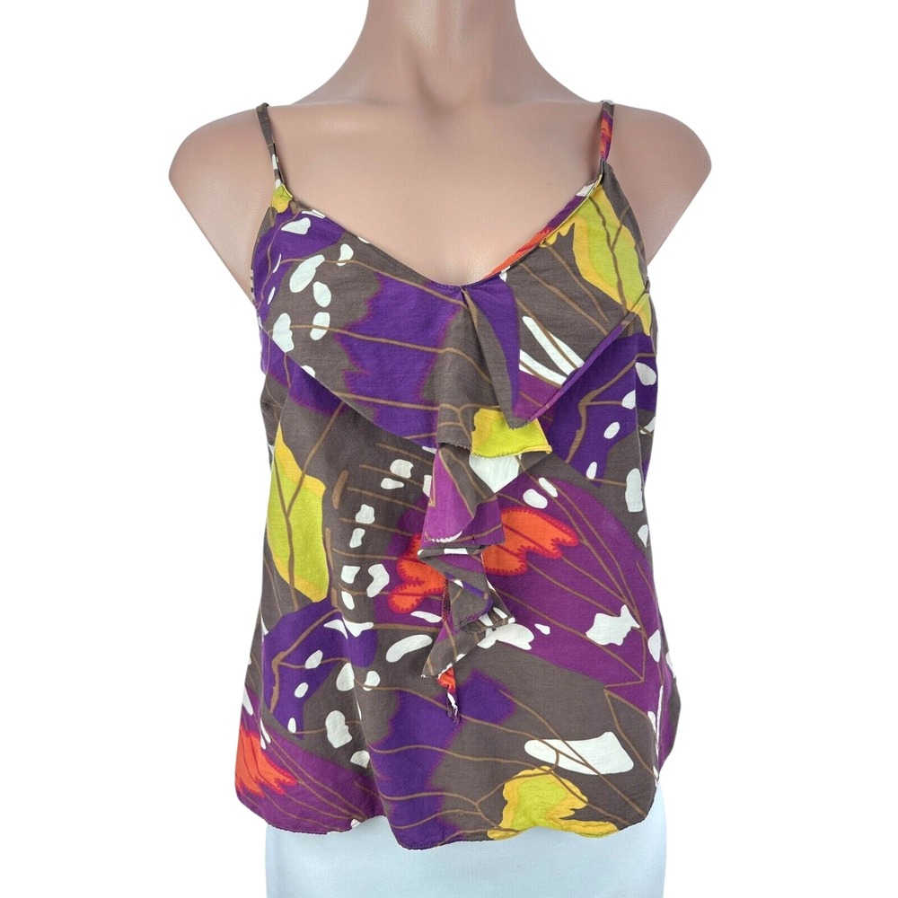Fossil Top Ruffle Front Spaghetti  Straps Cotton & Silk Size XS Multi-Color